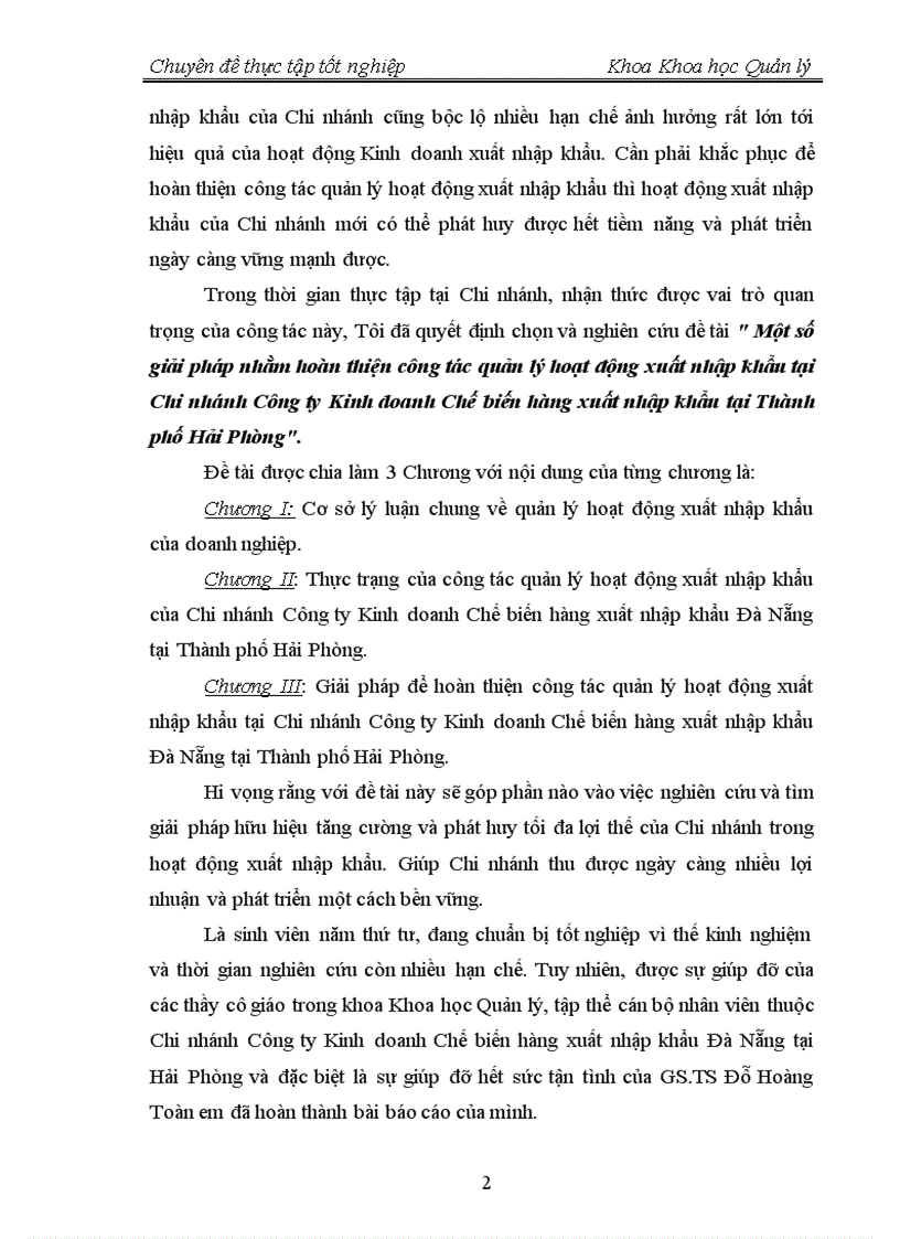 Một số giải pháp nhằm hoàn thiện công tác quản lý hoạt động xuất nhập khẩu tại Chi nhánh Công ty Kinh doanh Chế biến hàng xuất nhập khẩu tại Thành phố Hải Phòng