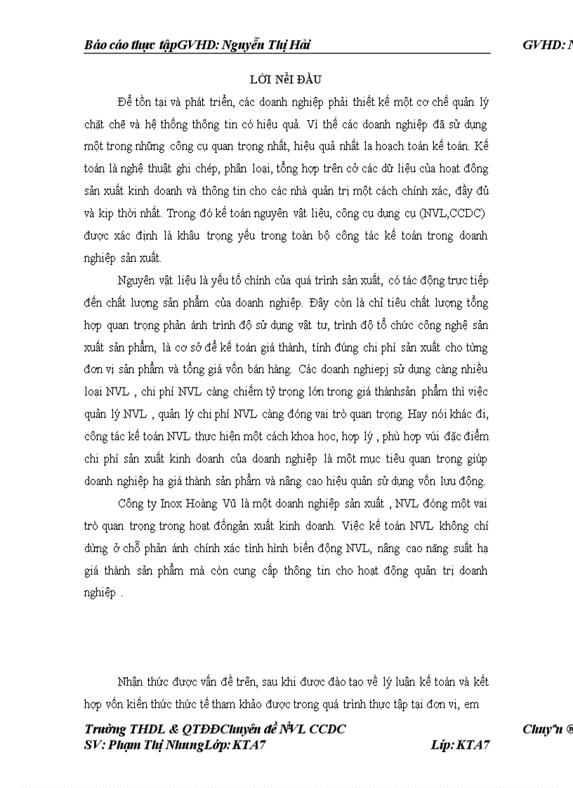 Công tác tổ chức kế toán NVL tại công ty Inox Hoàng Vũ 1
