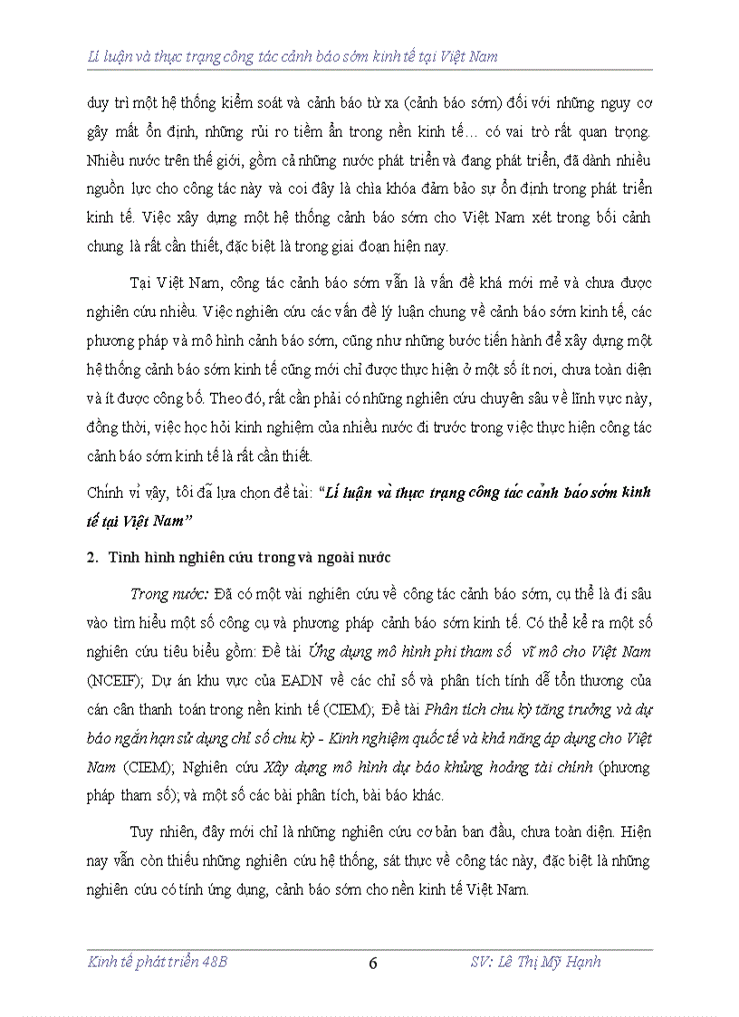 Lí luận và thực trạng ng tác cảnh báo sớm kinh tế tại Việt Nam