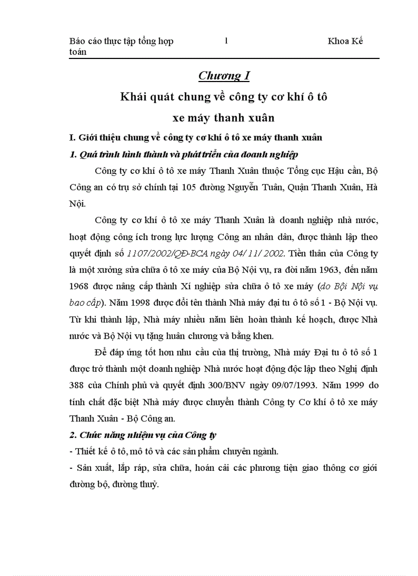 Báo cáo thực tập tổng hợp tại Công ty cơ khi ô tô xe máy Thanh Xuân