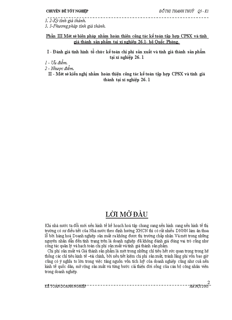 Hoàn thiện kế toán chi phí sản xuất và tính giá thành sản phẩm trong doanh nghiệp sản xuất khảo sát tại xí nghiệp 26 1 Bộ Quốc Phòng 1