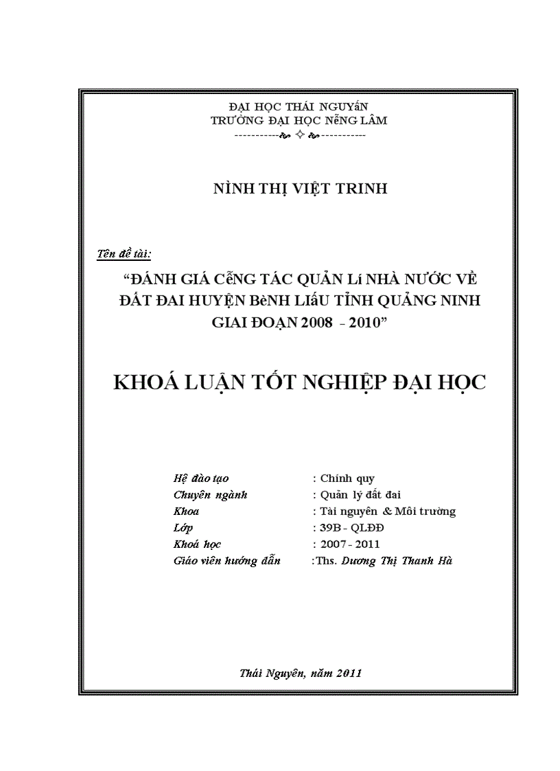 Đánh giá công tác quản lý nhà nước về đất đai huyện Bình Liêu tỉnh Quảng Ninh giai đoạn 2008 2010
