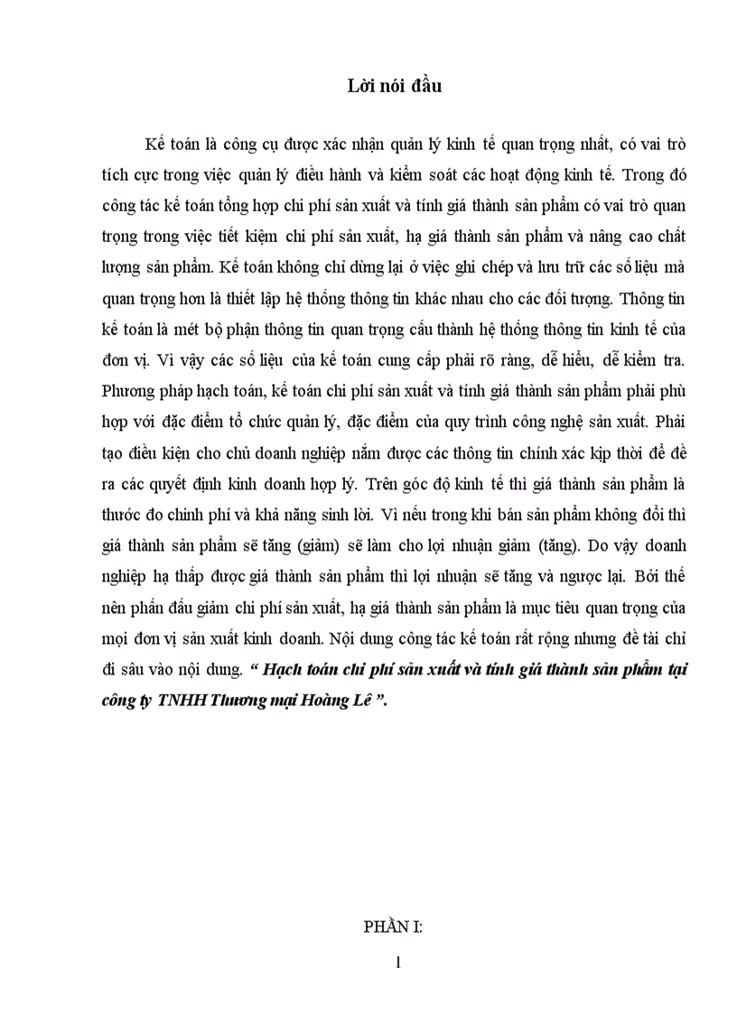 image for page Hạch toán chi phí sản xuất và tính giá thành sản phẩm tại công ty TNHH Thương mại Hoàng Lê