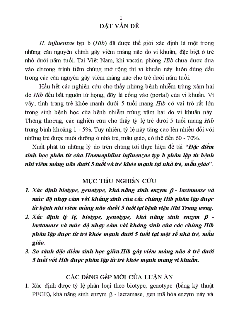 Đặc điểm sinh học phân tử của Haemophilus influenzae typ b phân lập từ bệnh nhi viêm màng não dưới 5 tuổi và trẻ khỏe mạnh tại nhà trẻ mẫu giáo 1