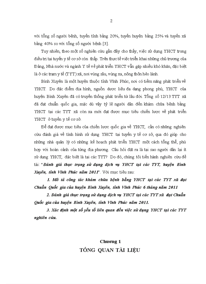 Đánh giá thực trạng sử dụng dịch vụ YHCT tại các TYT huyện Bình Xuyên tỉnh Vĩnh Phúc năm 2011