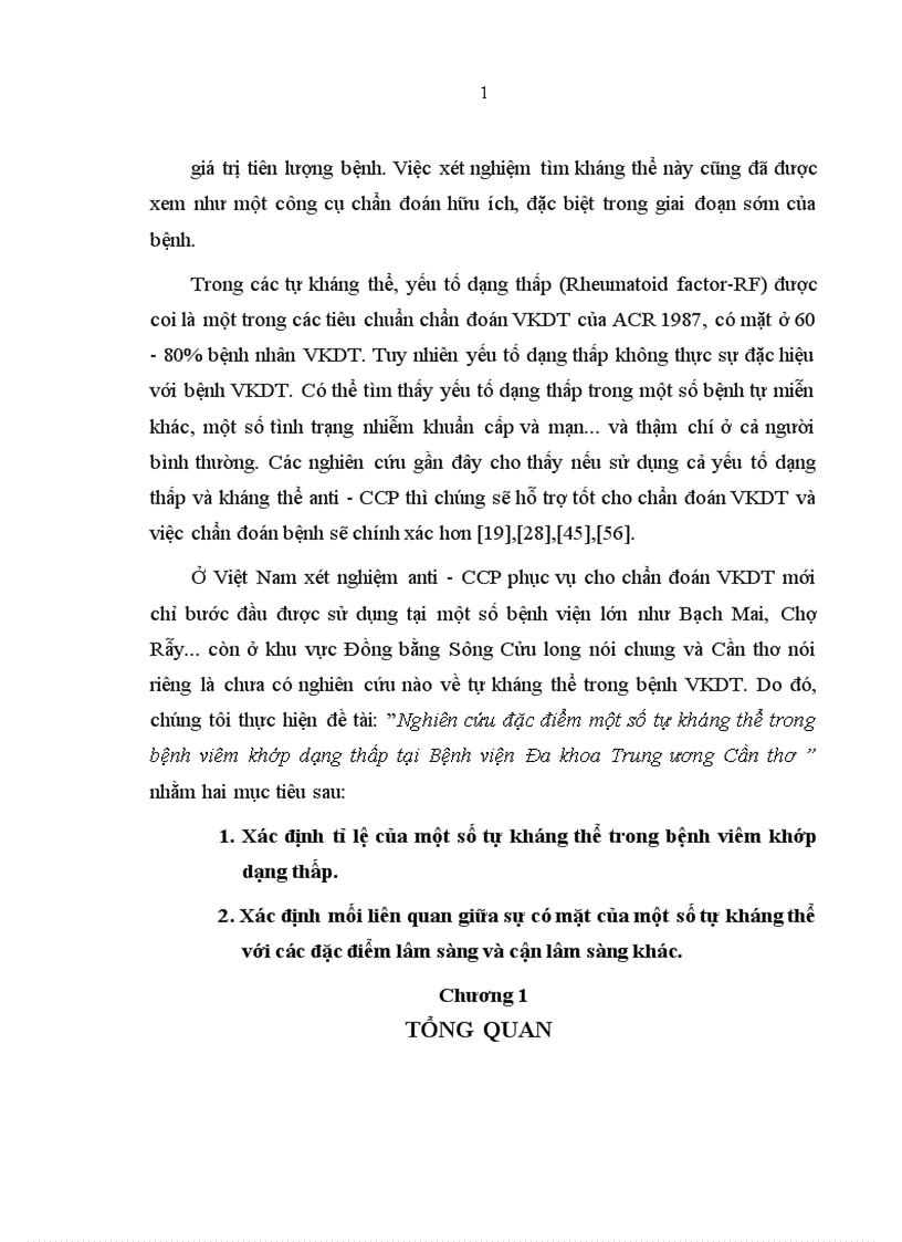 Nghiên cứu đặc điểm một số tự kháng thể trong bệnh viêm khớp dạng thấp tại Bệnh viện Đa khoa Trung ương Cần thơ