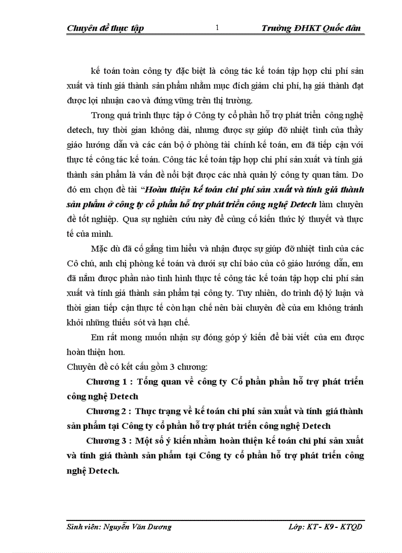 Hoàn thiện kế toán chi phí sản xuất và tính giá thành sản phẩm ở công ty cổ phần hỗ trợ phát triển công nghệ Detech 1