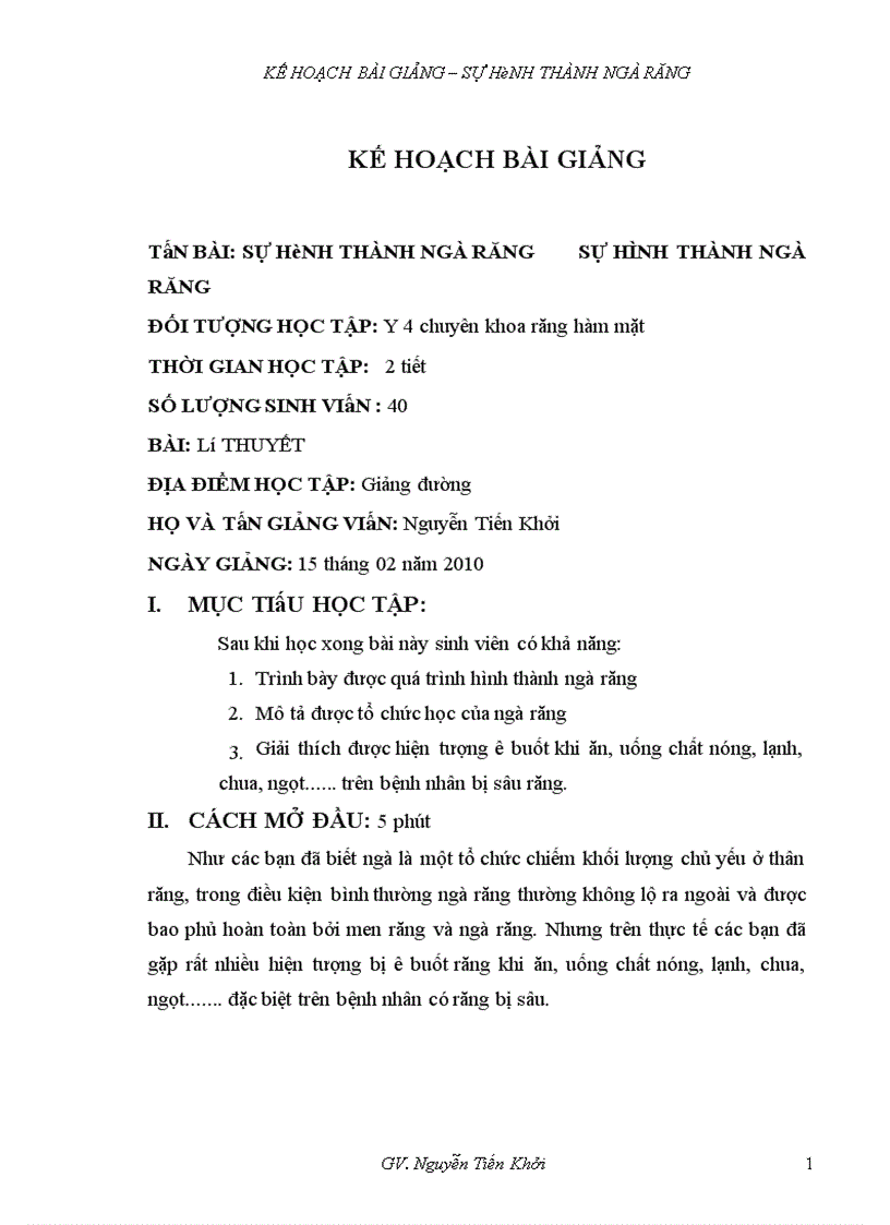 image for page Kế hoạch bài giảng Sự hình thành ngà răng