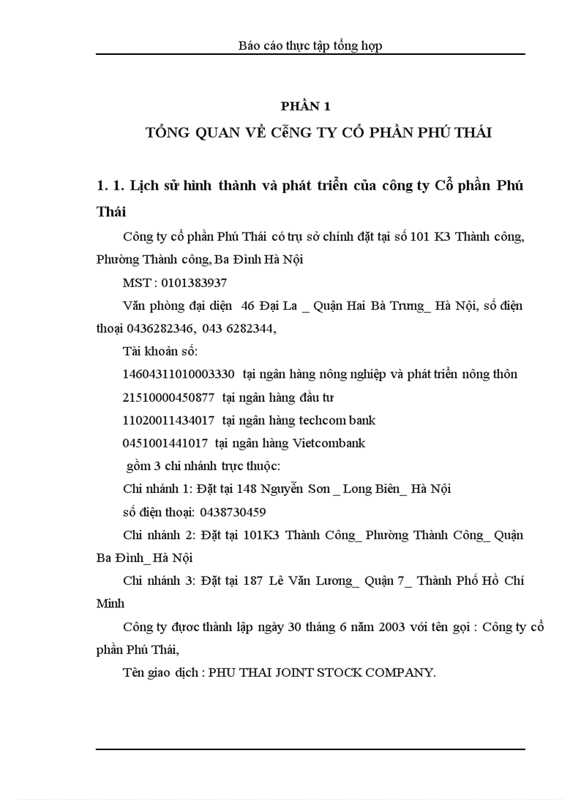 Báo cáo thực tập tổng hợp tại Công ty cổ phần Phú Thái