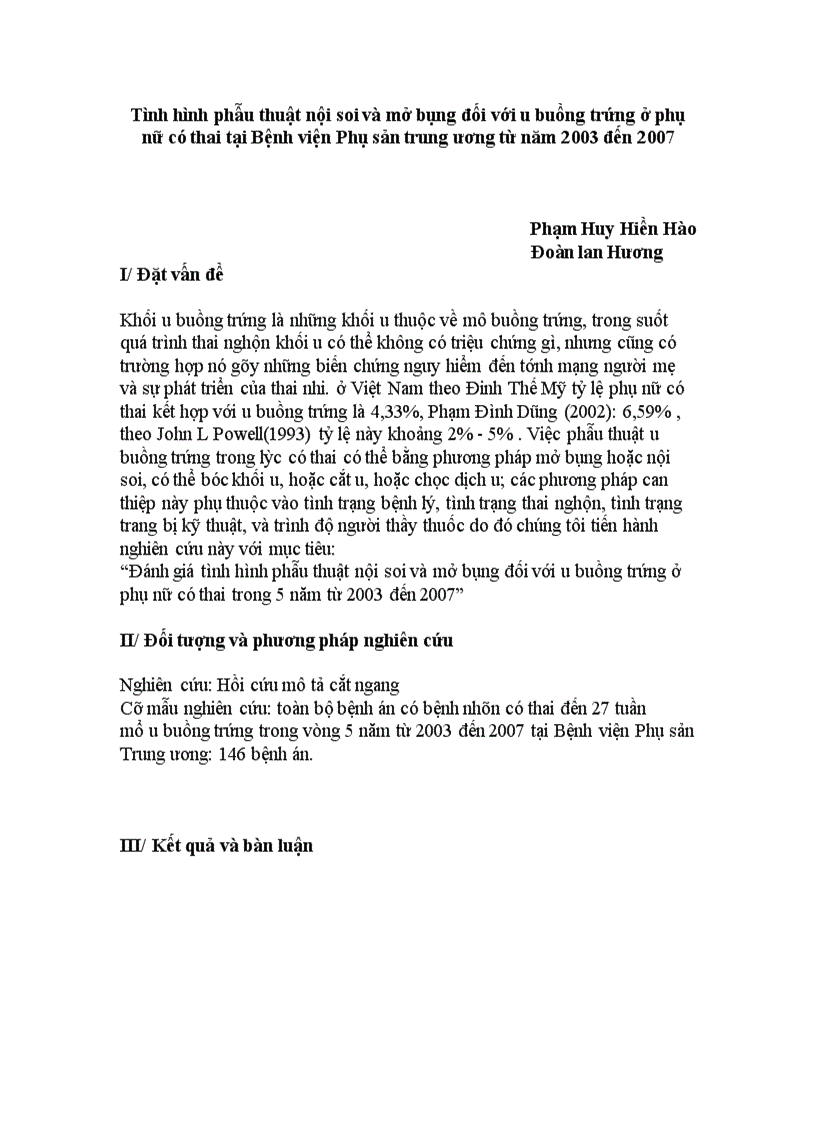 image for page Đánh giá tình hình phẫu thuật nội soi và mở bụng đối với u buồng trứng ở phụ nữ có thai trong 5 năm từ 2003 đến 2007