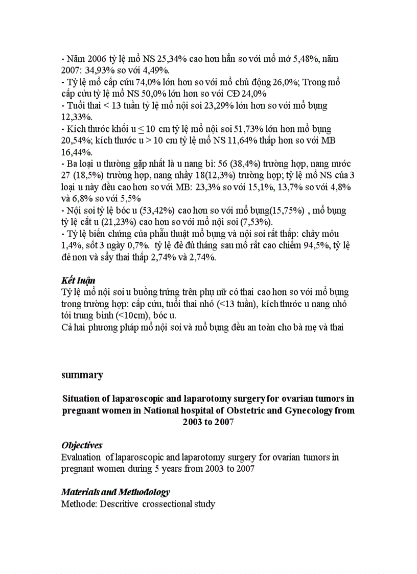 image for page Đánh giá tình hình phẫu thuật nội soi và mở bụng đối với u buồng trứng ở phụ nữ có thai trong 5 năm từ 2003 đến 2007