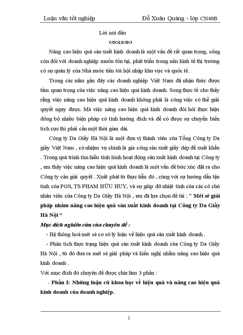 Một số giải pháp nhằm nâng cao hiệu quả sản xuất kinh doanh tại Công ty Da Giầy Hà Nội 1