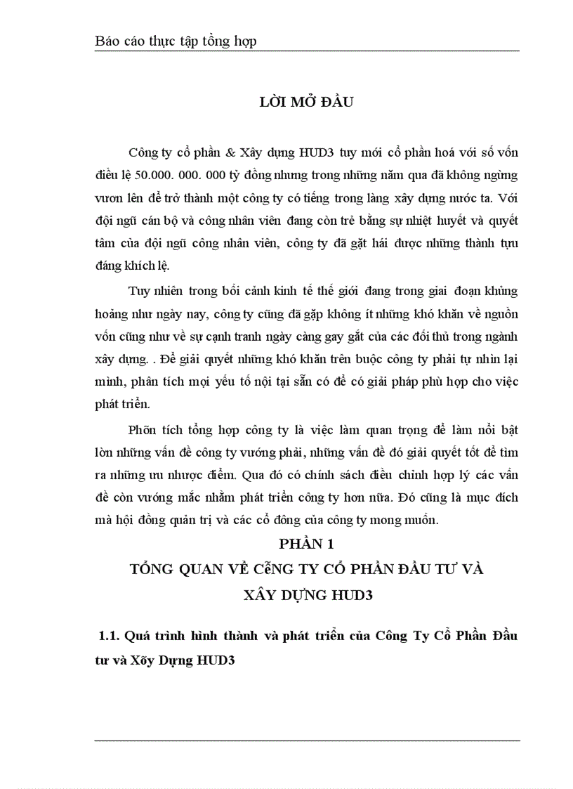 Thực trạng các đặc điểm kinh tế kỹ thuật chủ yếu của công ty cổ phần đầu tư và xây dựng HUD 1