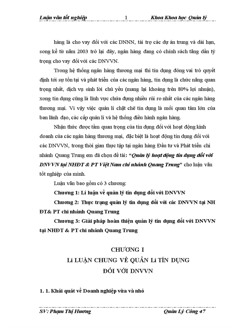 image for page Quản lý hoạt động tín dụng đối với DNVVN tại NHĐT PT Việt Nam chi nhánh Quang Trung 1