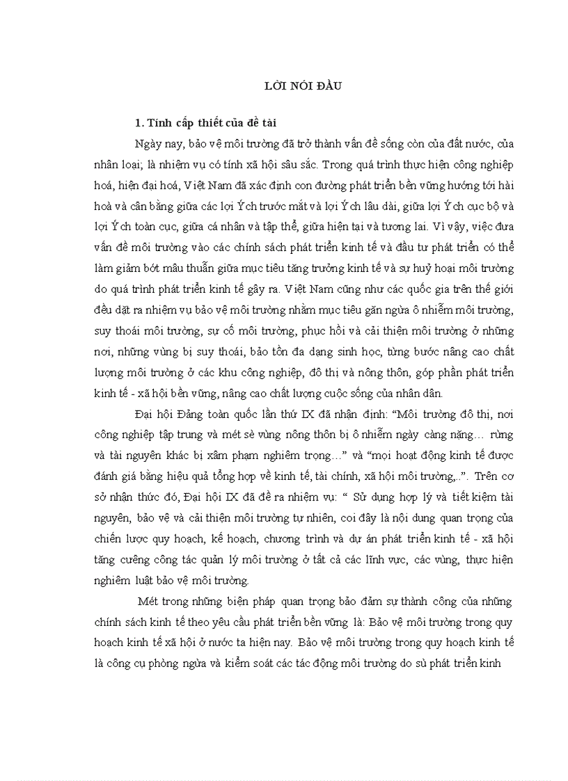 Thực trạng bảo vệ môi trườngtrong quy hoạch kinh tế xã hội một số vấn đề pháp lý về thực tiễn