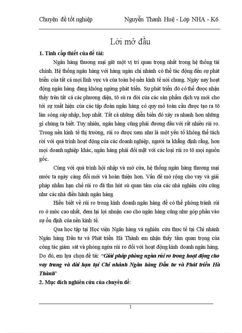 Giải pháp phòng ngừa rủi ro trong hoạt động cho vay trung và dài hạn tại Chi nhánh Ngân hàng Đầu tư và Phát triển Hà Thành 1