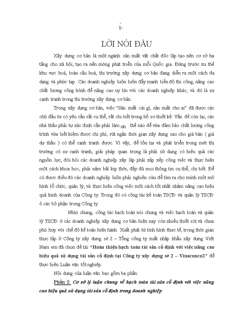 Hoàn thiện hạch toán tài sản cố định với việc nâng cao hiệu quả sử dụng tài sản cố định tại Công ty xây dựng số 2 Vinaconco2 1