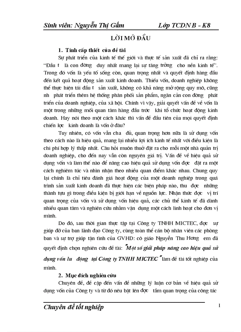 Một số giải pháp nâng cao hiệu quả sử dụng vốn lưu động tại Công ty TNHH MICTEC 1