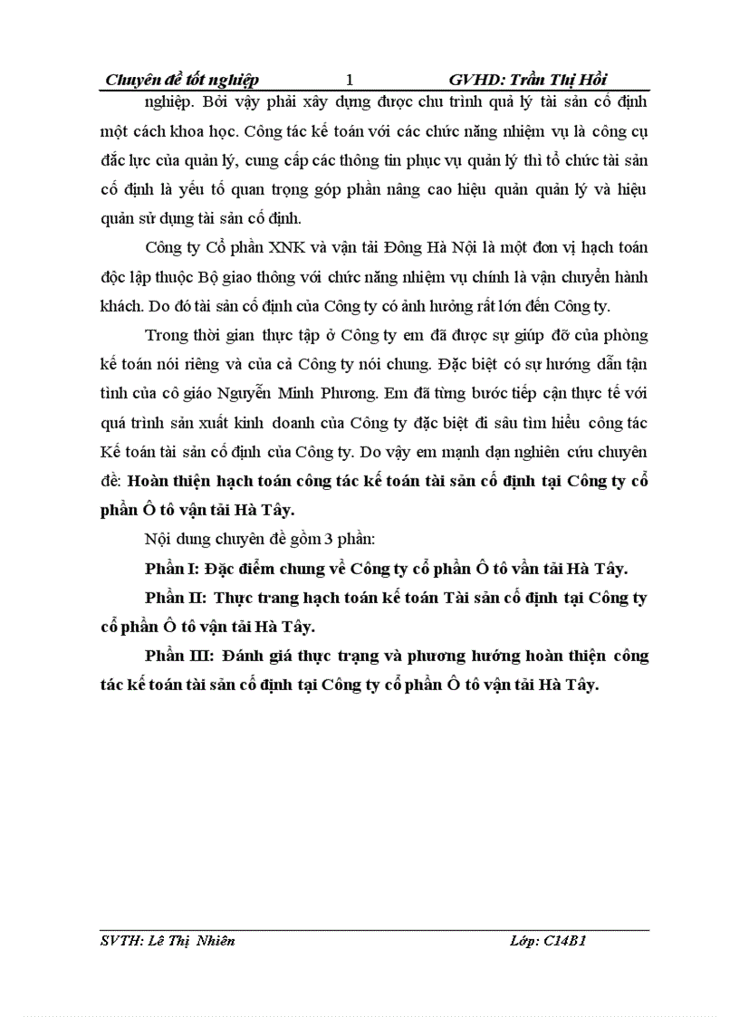 Hoàn thiện hạch toán công tác kế toán tài sản cố định tại Công ty cổ phần Ô tô vận tải Hà Tây 1