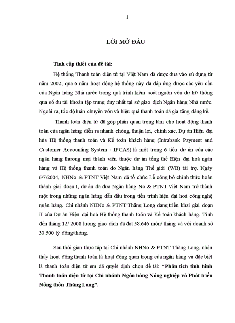Phân tích tình hình Thanh toán điện tử tại Chi nhánh Ngân hàng Nông nghiệp và Phát triển Nông thôn Thăng Long 1