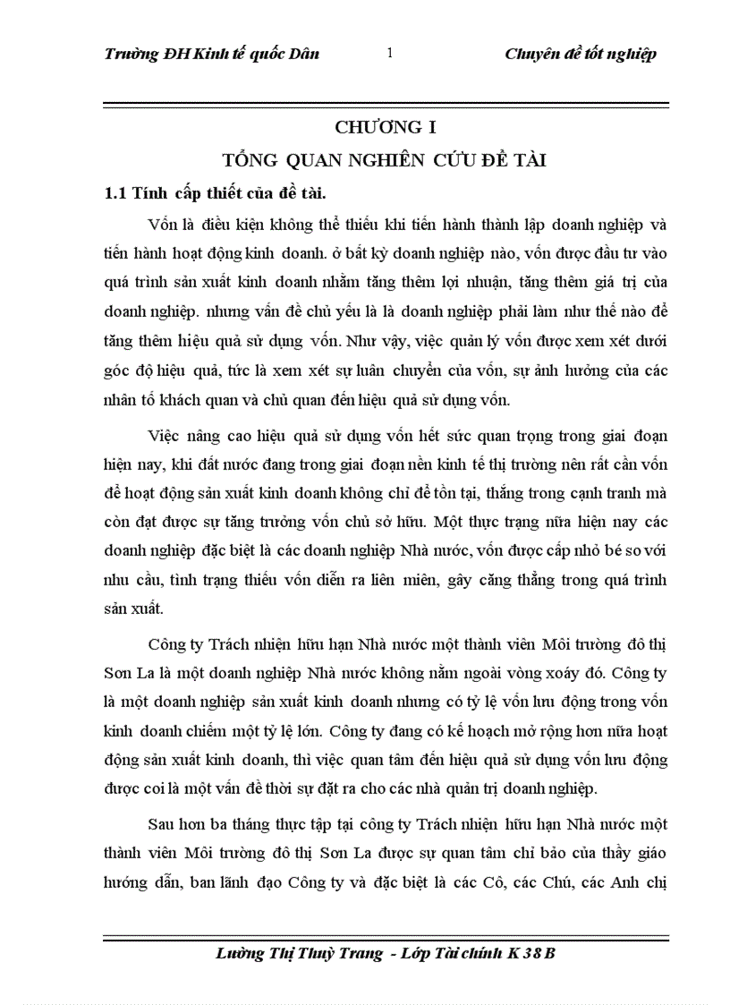 Các giải pháp nâng cao hiệu quả sử dụng vốn lưu động của công ty Trách nhiện hữu hạn Nhà nước một thành viên Môi trường đô thị Sơn La 1