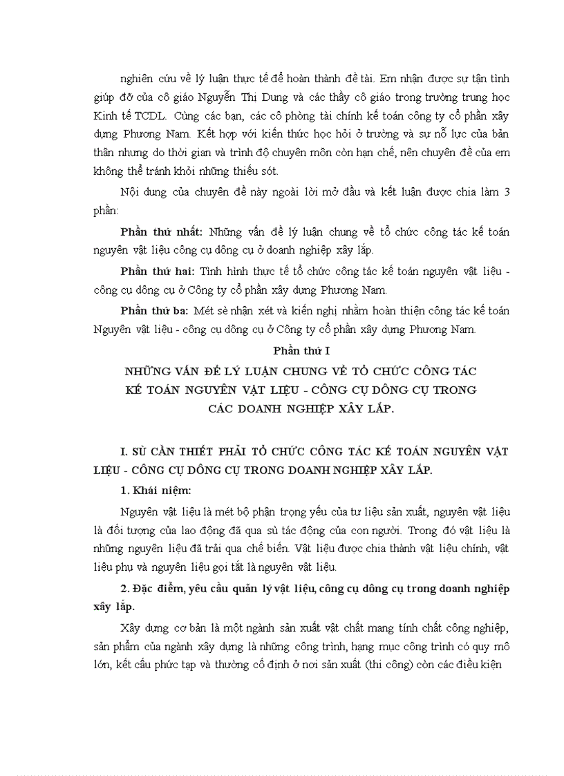 Tổ chức công tác kế toán nguyên vật liệu công cụ dụng cụ ở Công ty cổ phần xây dựng Phương Nam 1
