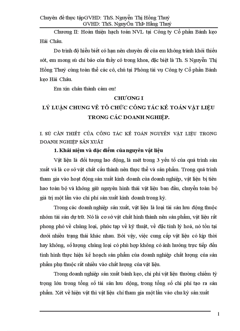 Hoàn thiện hạch toán nguyên vật liệu tại Công ty Cổ phần Bánh kẹo Hải Châu 1