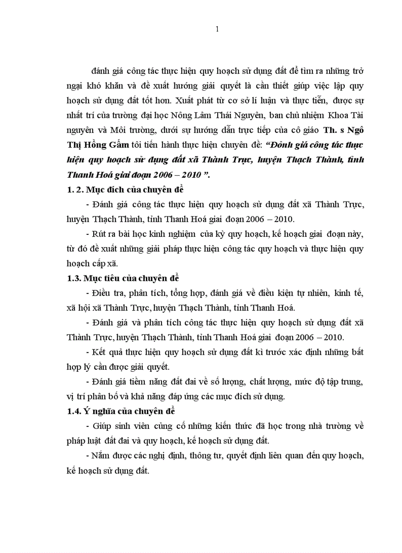 Đánh giá công tác thực hiện quy hoạch sử dụng đất xã Thành Trực huyện Thạch Thành tỉnh Thanh Hoá giai đoạn 2006 2010
