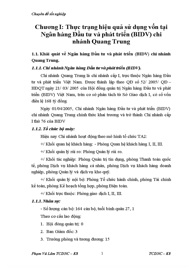 Giải pháp nâng cao hiệu quả sử dụng vốn tại Ngân hàng Đầu tư và phát triển BIDV chi nhánh Quang Trung 1