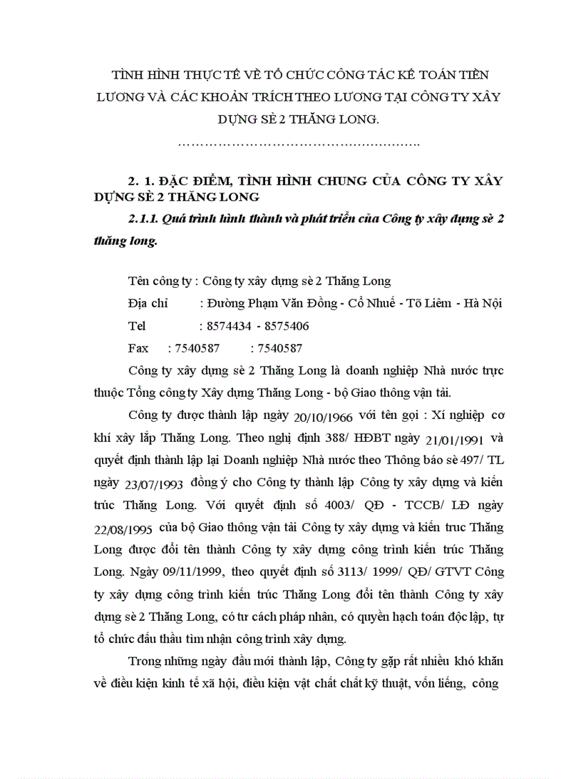 image for page Tổ chức công tác kế toán tiền lương và các khoảng trích theo lương tại Công ty xây dựng số 2 Thăng Long 1
