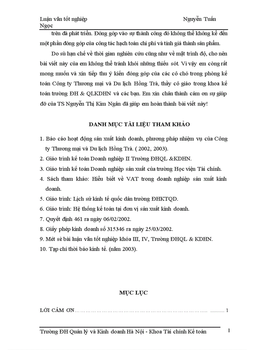 image for page Kế toán tập hợp chi phí sản xuất và tính giá thành sản phẩm tại Công ty Thương mại và Du lịch Hồng Trà 1