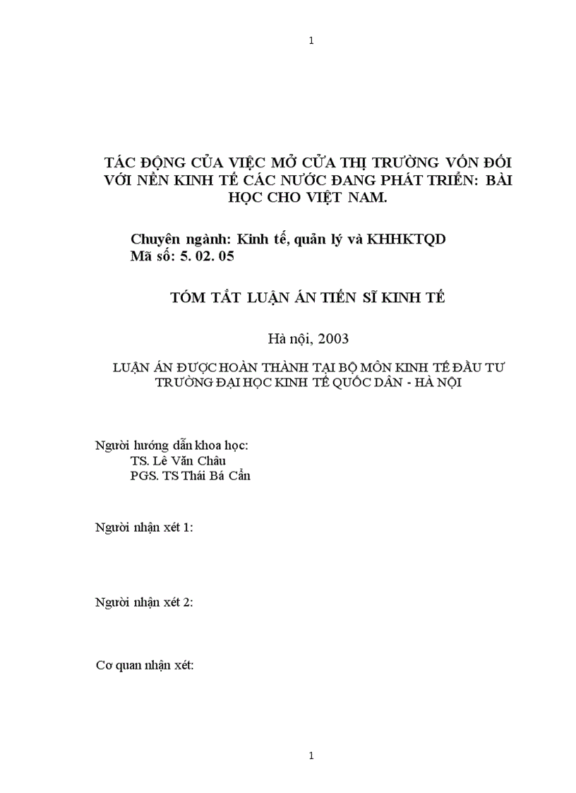 image for page Tác động của việc mở cửa thị trường vốn đến nền kinh tế các nước đang phát triển Bài học cho Việt nam 1