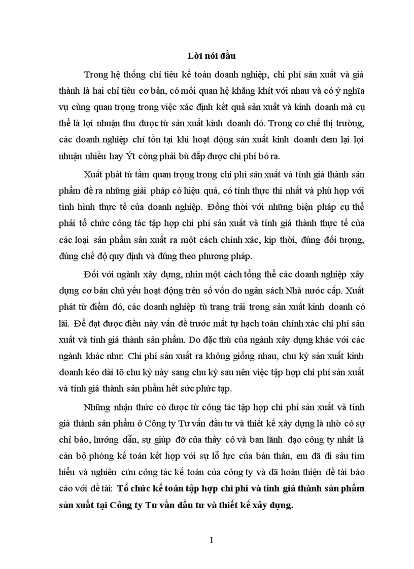 image for page Tổ chức tập hợp chi phí sản xuất và tính giá thành sản phẩm tại Công ty Tư vấn đầu tư và thiết kế xây dựng 1