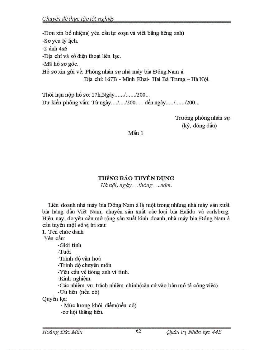 image for page Hoàn thiện công tác tuyển mộ tuyển chọn nhân lực tại nhà máy bia Đông Nam Á 1