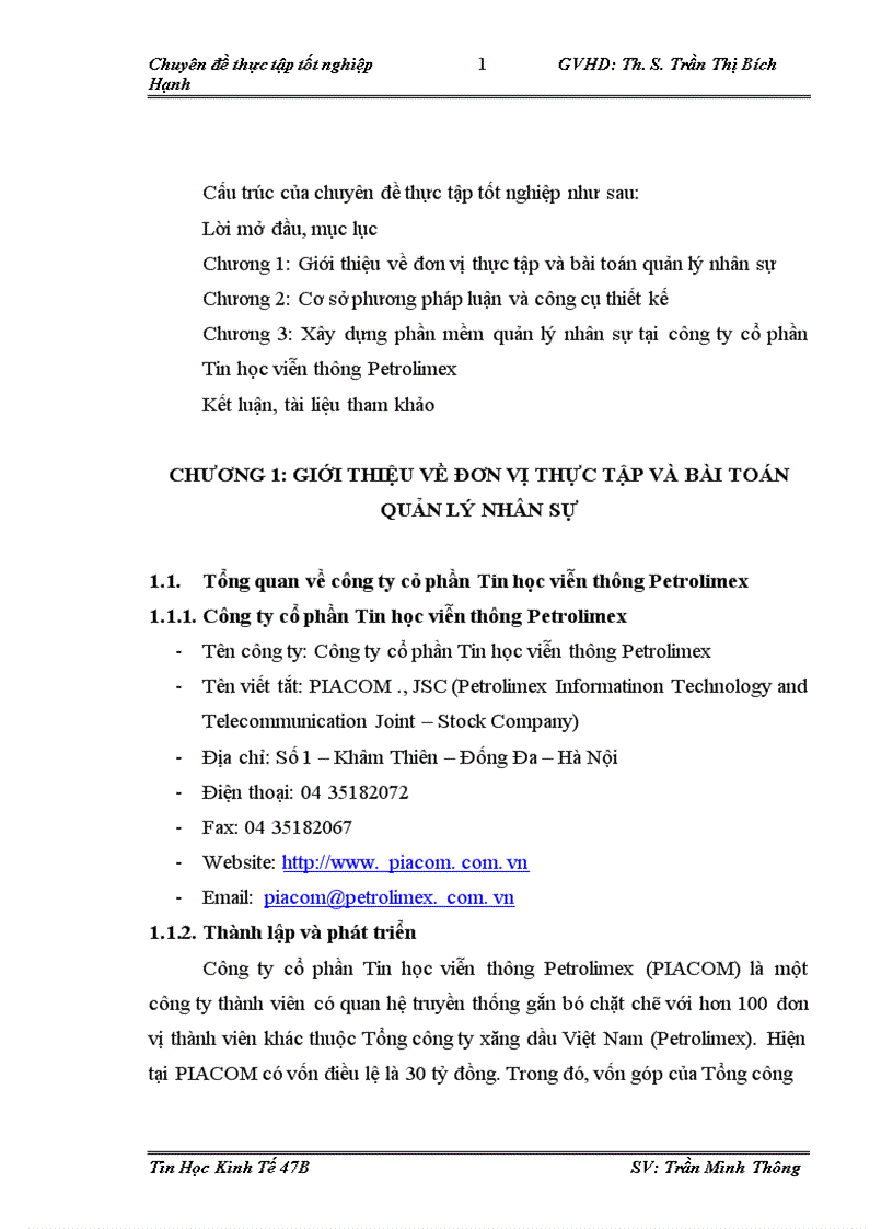 Xây dựng phần mềm quản lý nhân sự tại công tin cổ phần Tin học viễn thông Petrolimex 1