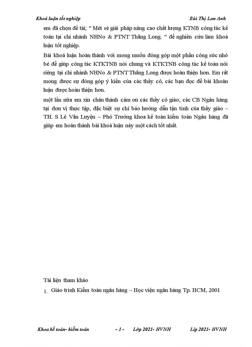 image for page Một số giải pháp nhằm nâng cao chất lượng kiểm toán nội bộ công tác kế toán tại chi nhánh Thăng Long NHNo PTN Việt Nam 1
