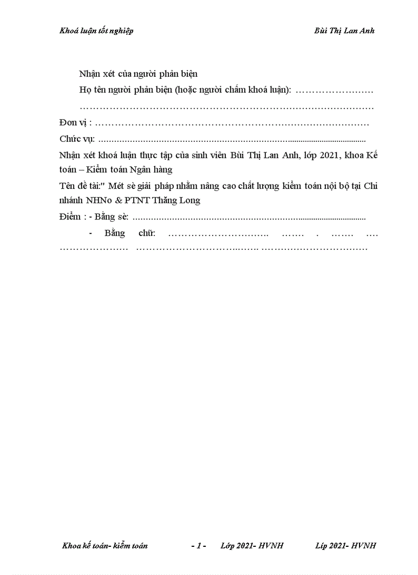 image for page Một số giải pháp nhằm nâng cao chất lượng kiểm toán nội bộ công tác kế toán tại chi nhánh Thăng Long NHNo PTN Việt Nam 1