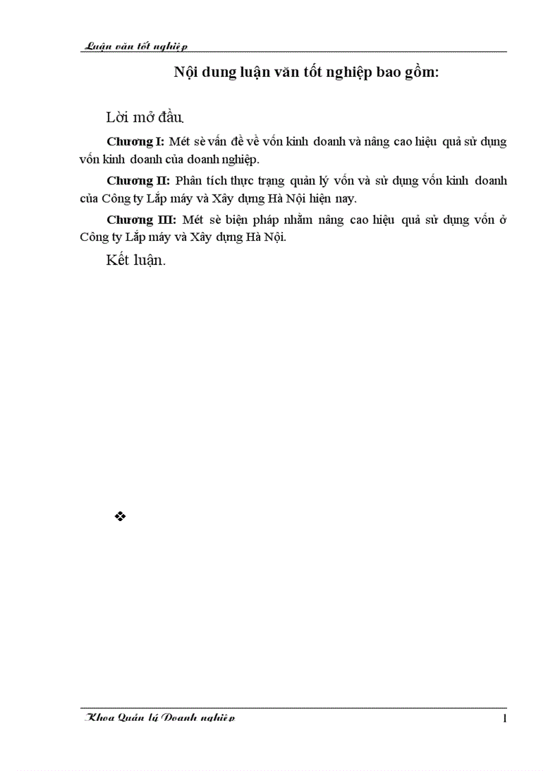 Một số biện pháp nhằm nâng cao hiệu quả sử dụng vốn kinh doanh của Công ty Lắp máy Điện nước và Xây dựng Hà Nội 1