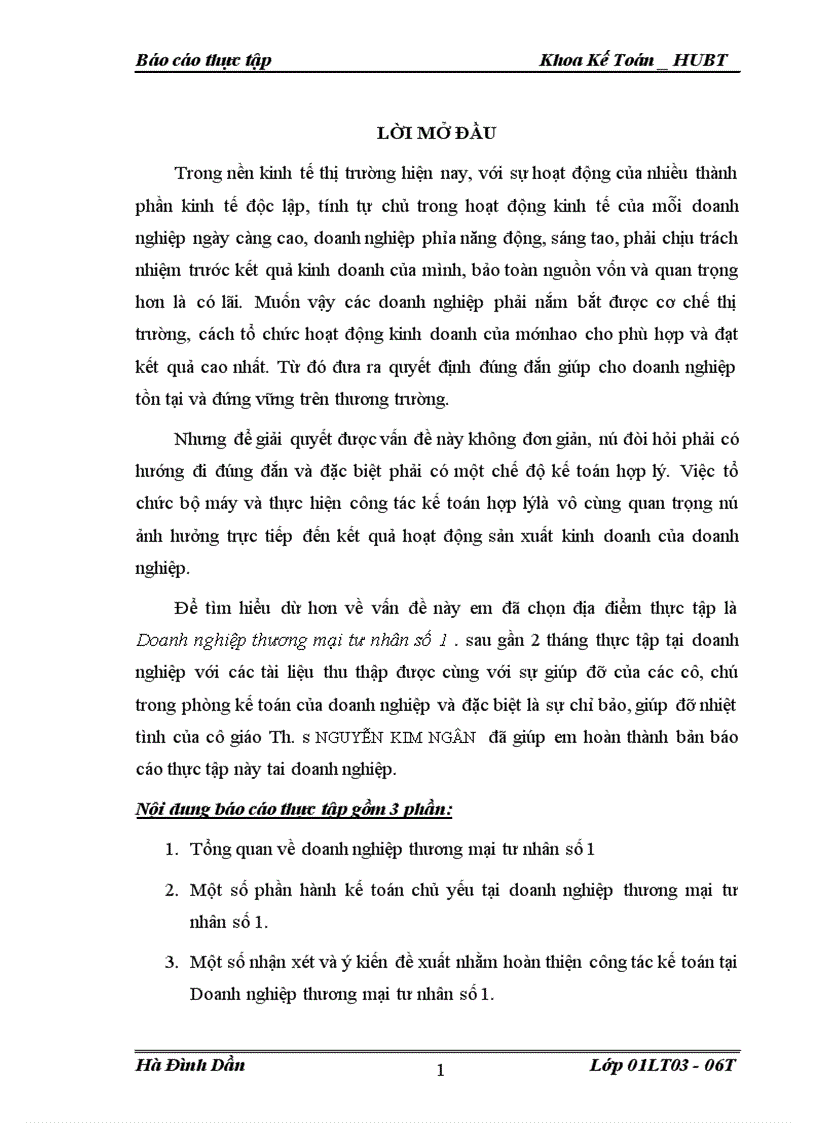 Báo cáo thực tập tổng hợp tại doanh nghiệp thương mại tư nhân số 1