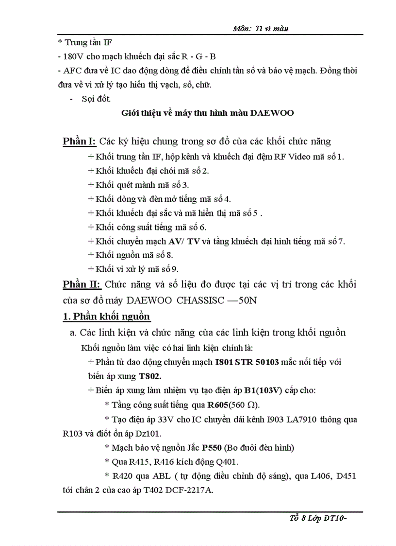 image for page Chức năng và số liệu đo được tại các vị trí trong các khối của sơ đồ máy DAEWOO CHASSISC