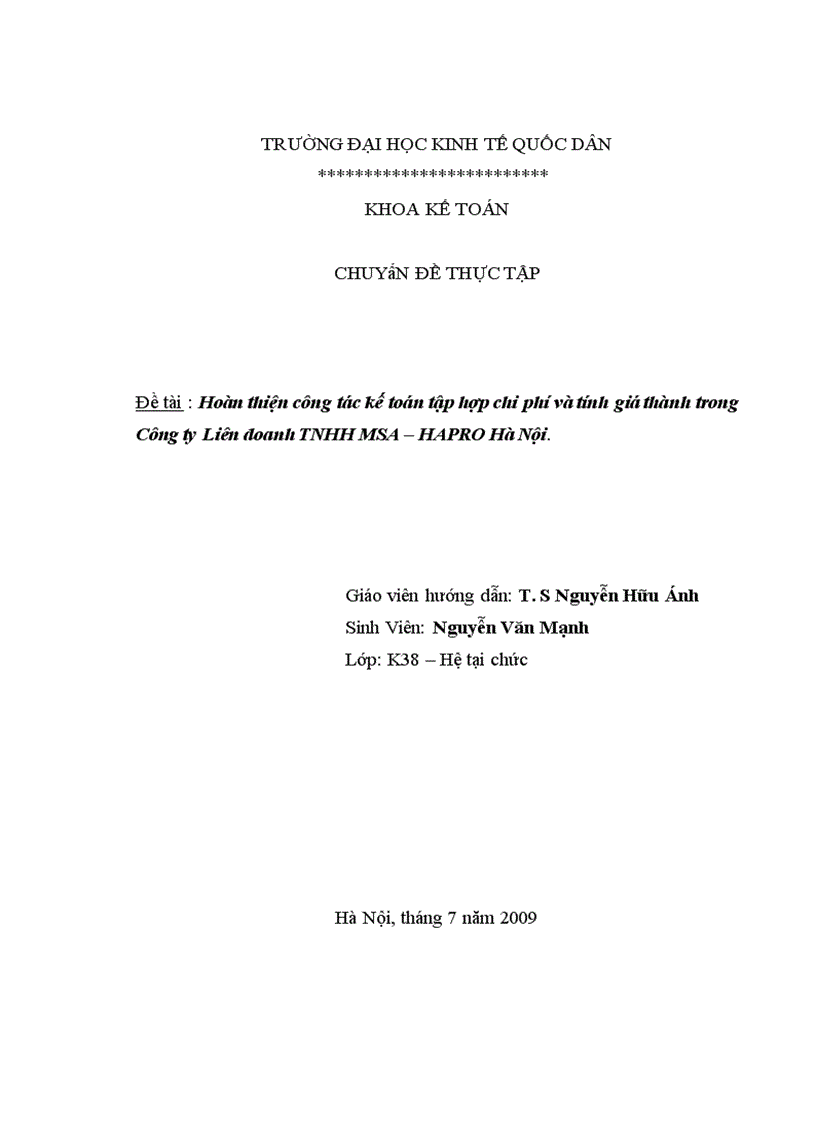 Hoàn thiện công tác kế toán tập hợp chi phí và tính giá thành trong Công ty Liên doanh TNHH MSA HAPRO Hà Nội