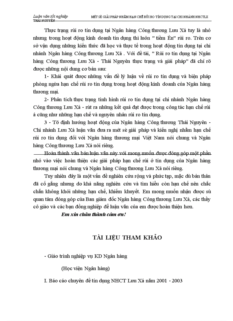 image for page Một số biện pháp nhằm hạn chế rủi ro tín dụng tại chi nhánh Ngân hàng Công thương Lưu Xá Thái Nguyên 1