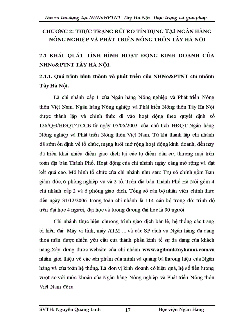 image for page Rủi ro tín dụng tại ngân hàng nông nghiệp và phát triển nông thôn Tây Hà Nội thực trạng và giải pháp 1