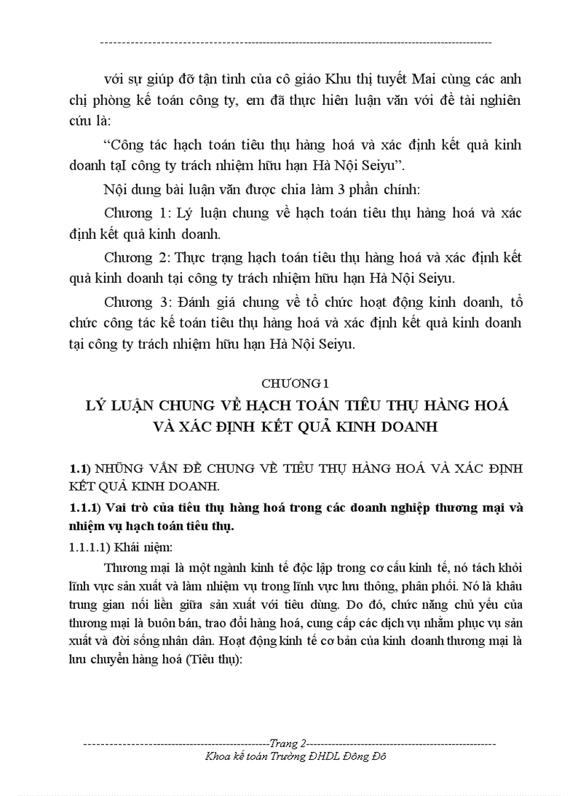 Công tác hạch toán tiêu thụ hàng hoá và xác định kết quả kinh doanh tạI công ty trách nhiệm hữu hạn Hà Nội Seiyu 1