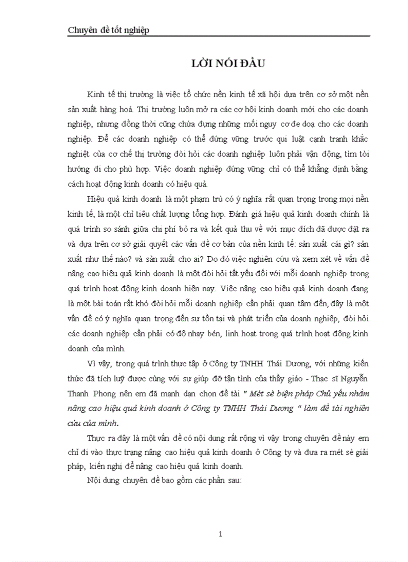 Một số biện pháp Chủ yếu nhằm nâng cao hiệu quả kinh doanh ở Công ty TNHH Thái Dương 1