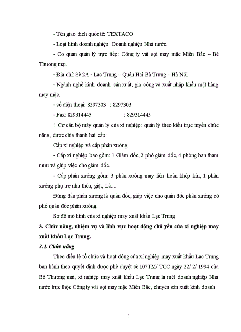 Báo cáo tổng hợp Xí nghiệp may xuất khẩu Lạc Trung 1