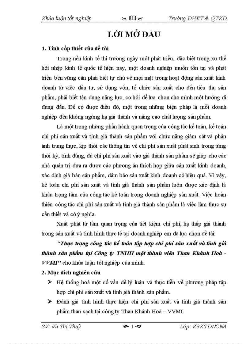 Thực trạng công tác kế toán tập hợp chi phí sản xuất và tính giá thành sản phẩm tại Công ty TNHH một thành viên Than Khánh Hoà VVMI
