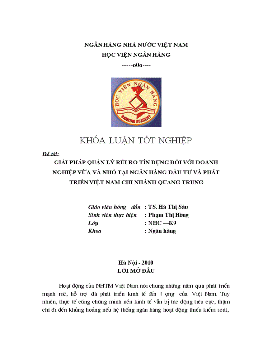 image for page Giải pháp quản lý rủi ro tín dụng đối với doanh nghiệp vừa và nhỏ tại ngân hàng đầu tư và phát triển việt nam chi nhánh Quang Trung 1