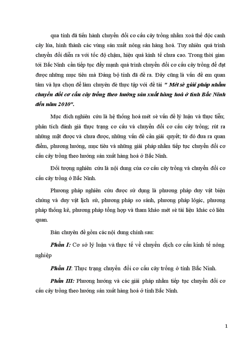 Một số giải pháp nhằm chuyển đổi cơ cấu cây trồng theo hướng sản xuất hàng hoá ở tỉnh Bắc Ninh đến năm 2010
