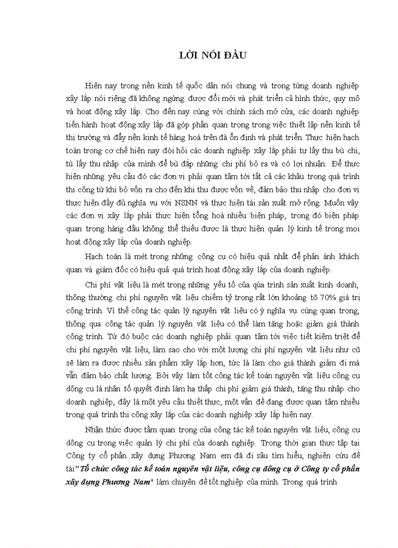 Tổ chức công tác kế toán nguyên vật liệu công cụ dụng cụ ở Công ty cổ phần xây dựng Phương Nam 1